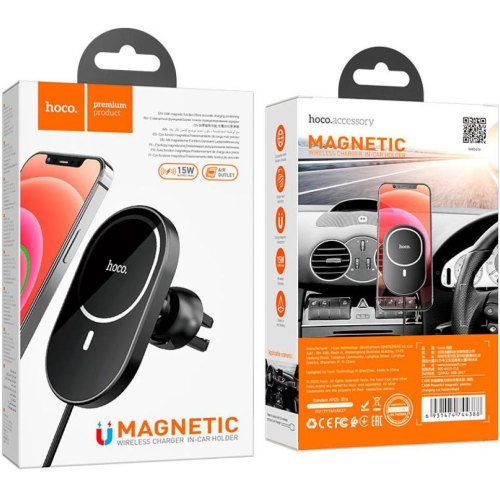 Тримач для мобiльного з БЗП HOCO CA90 Powerful magnetic wireless charging car holder Black