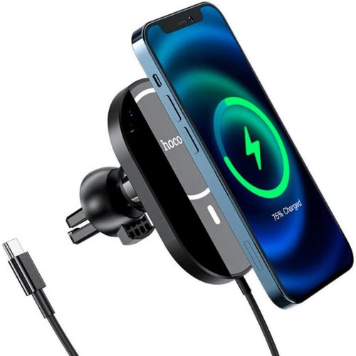 Тримач для мобiльного з БЗП HOCO CA90 Powerful magnetic wireless charging car holder Black