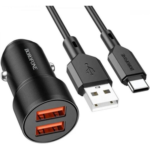 АЗП BOROFONE BZ19B Wisdom 36W dual port QC3.0 car charger set(Type-C) Black