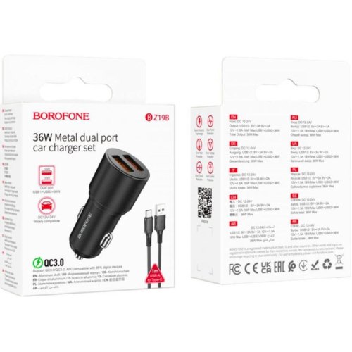 АЗП BOROFONE BZ19B Wisdom 36W dual port QC3.0 car charger set(Type-C) Black