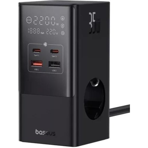 Мережевий зарядний пристрій Baseus PowerCombo Tower Digital PowerStrip 3AC+2U+2C 35W with 1.5m Power Cord EU Cluster Black