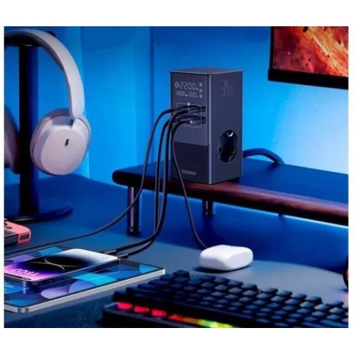 Мережевий зарядний пристрій Baseus PowerCombo Tower Digital PowerStrip 3AC+2U+2C 35W with 1.5m Power Cord EU Cluster Black