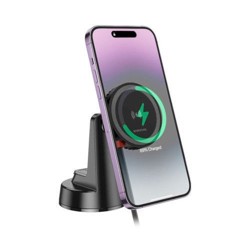 Тримач для мобiльного з БЗП BOROFONE BH208 Mona retractable magnetic wireless fast charging car holder(center console) Black