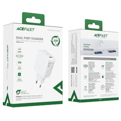 Мережевий зарядний пристрій ACEFAST A5 PD32W(USB-C+USB-A) dual port charger White