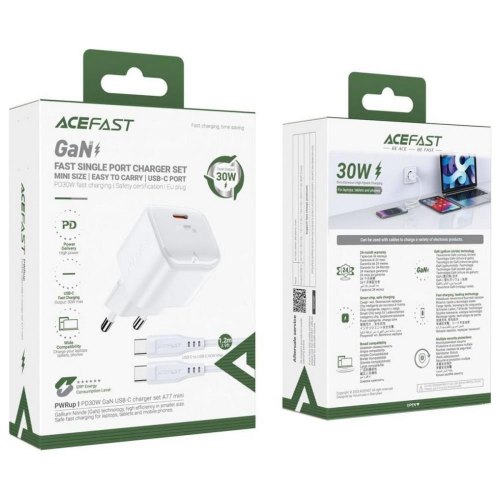 Мережевий зарядний пристрій ACEFAST A77 mini PD30W GaN single USB-C charger set (C3-03) White