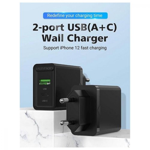 Мережевий зарядний пристрій Vention Two-Port USB(A+C) Wall Charger (18W/20W) EU-Plug Black (FBBB0-EU)