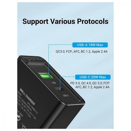 Мережевий зарядний пристрій Vention Two-Port USB(A+C) Wall Charger (18W/20W) EU-Plug Black (FBBB0-EU)