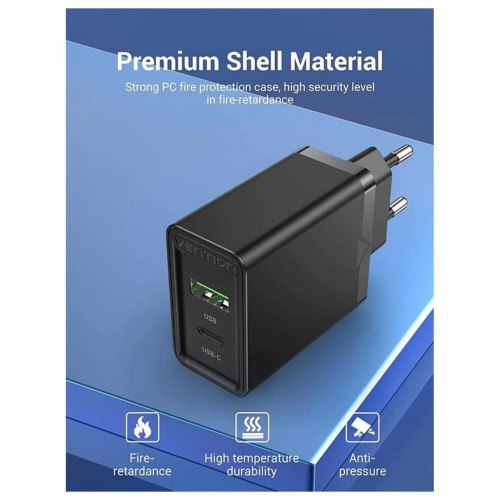 Мережевий зарядний пристрій Vention Two-Port USB(A+C) Wall Charger (18W/20W) EU-Plug Black (FBBB0-EU)