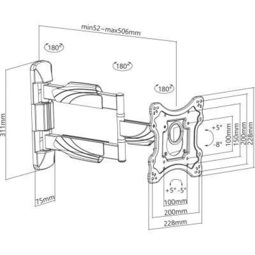 Кронштейн Brateck KMA28-223, 23 - 42, до 35 кг,  VESA від 75x75 до 200x200Кут нахилу: ?5°?-15, Пово KMA28-223L