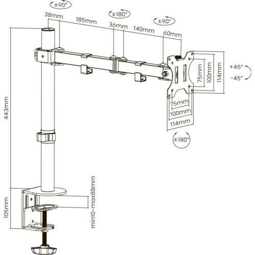 Кронштейн Brateck LDT12-C012N, 13-32, до 8 кг, V ESA від 75x75 до 100x100Кут нахилу: +45°~-45°, Пов LDT12-C012N