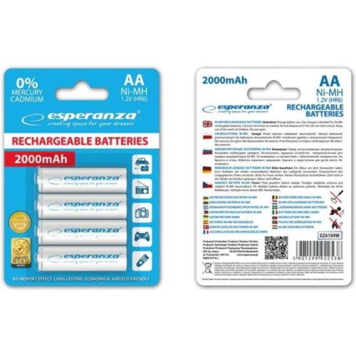 Акумулятор ESPERANZA Ni-MH AA 2000 mAh, 4шт, бiлий EZA104W (AA x 4)
