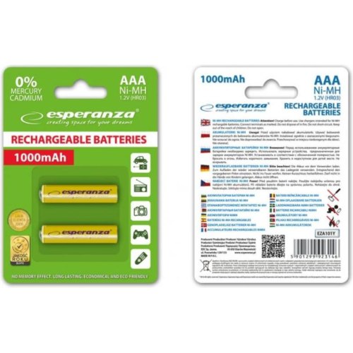 Акумулятор ESPERANZA Ni-MH AAA 1000 mAh, 2шт, жовтий EZA101Y (AAA x 2)