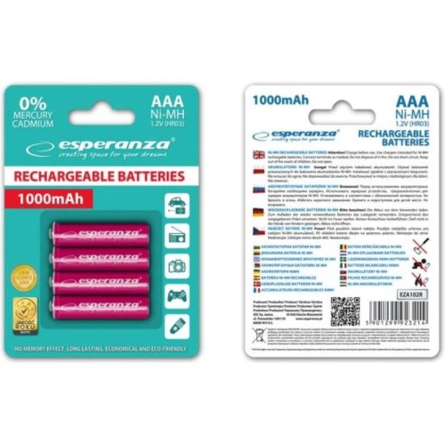 Акумулятор ESPERANZA Ni-MH AAA 1000 mAh, 4шт, червоний EZA102R (AAA x 4)