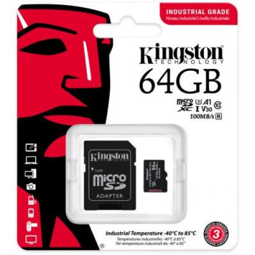 microSDXC 64GB Kingston C10 A1 Industrial UHS-I Speed Class U3, V30, A1 +adapter SDCIT2/64GB