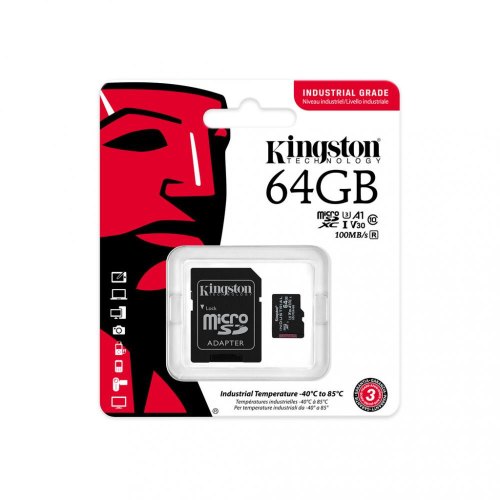 microSDXC 64GB Kingston C10 A1 Industrial UHS-I Speed Class U3, V30, A1 +adapter SDCIT2/64GB