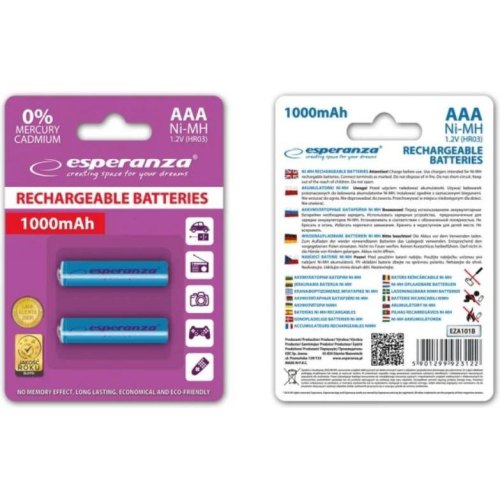 Акумулятор ESPERANZA Ni-MH AAA 1000 mAh, 2шт, голубий EZA101B (AAA x 2)