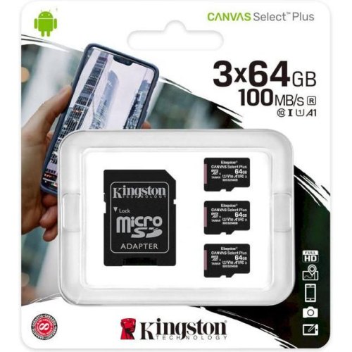 microSDXC 64GB Kingston Canvas Select Plus 10 0R A1 C10 Three Pack + Single Adapter SDCS2/64GB