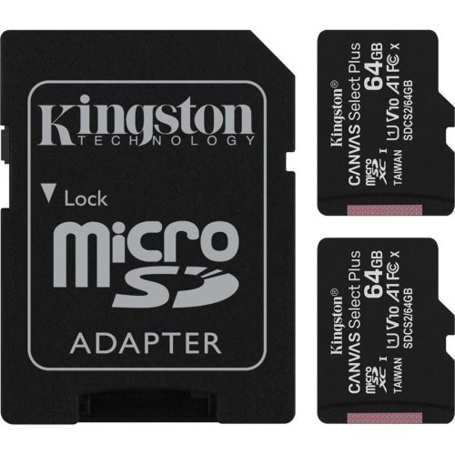 microSDXC 64GB Kingston C10 A1 Canvas Select Plus 100R UHS-I, U1, V10, Two Pack + Single ADP SDCS2/64GB
