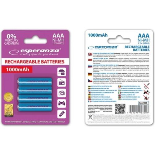 Акумулятор ESPERANZA Ni-MH AAA 1000 mAh, 4шт, голубий EZA102B (AAA x 4)
