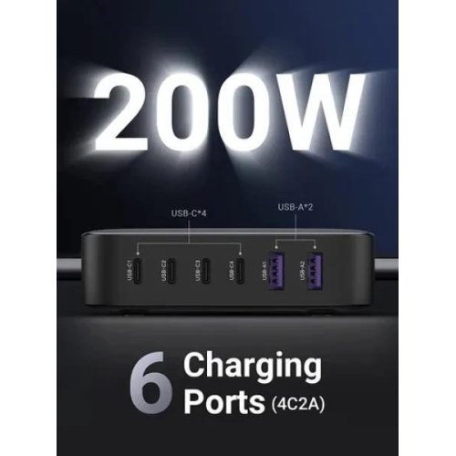 Мережевий зарядний пристрій Ugreen CD271 6xUSB 200W (4хUSB-C+2xUSB-A) Gan
