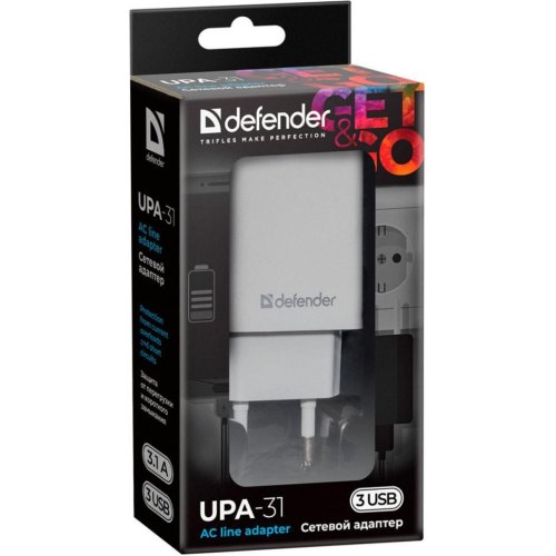 Мережевий зарядний пристрій Defender UPA-31 3xUSB 37W 3.1A білий