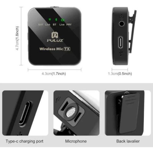 Бездротовий петличний мікрофон PULUZ для телефону, приймач Type-C (чорний)