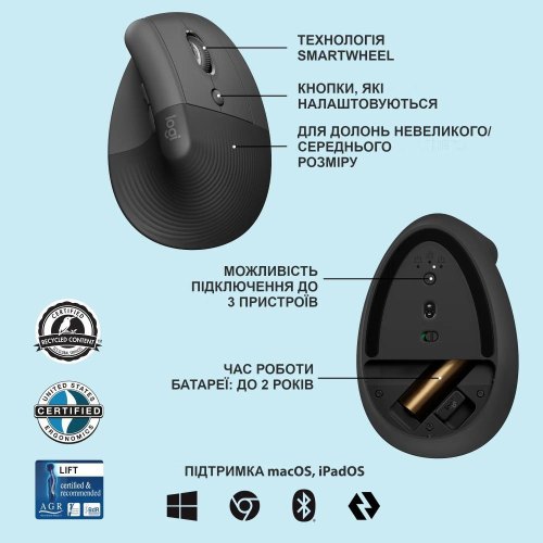 Миша бездротова Logitech Lift Vertical Ergonomic Wireless/Bluetooth Graphite(910-006473)