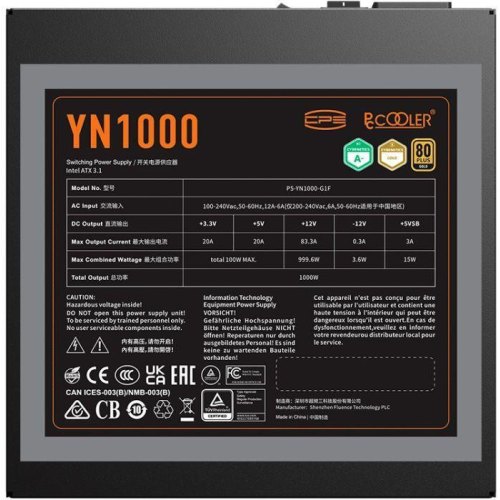 Блок живлення PcCooler 1000W YN1000, 80+ GOLD, модульний, 12V-2x6 ATX 3.1 (P5-YN1000-G1FFBK1-EU)