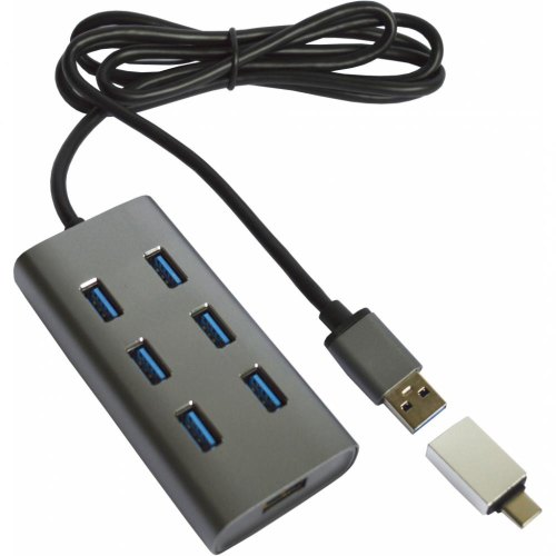 USB-хаб Maiwo, USB 3.0 Type-A/Type-C to 7х USB 3.0, кабель 100см, метал, без БЖ, сірий (KH700)
