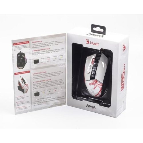 Миша ігрова, дротова A4Tech W95 Max Bloody, активоване ПЗ, біла/чорна