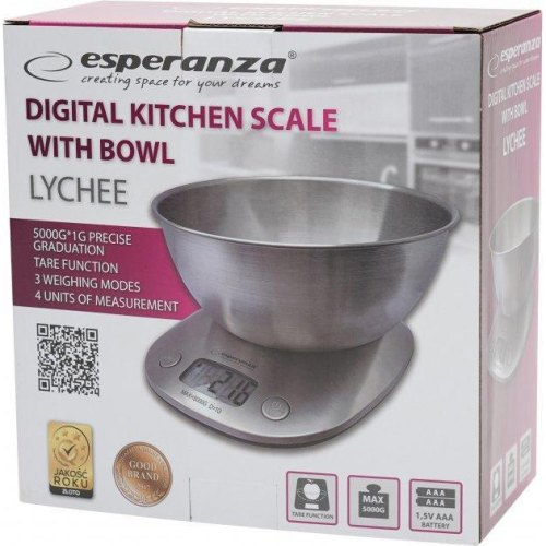 Ваги кухоннi Esperanza EKS008 Kitchen Scale Lychee, з чашею 2л, прямокутні, нержавіюча сталь, вага до 5кг
