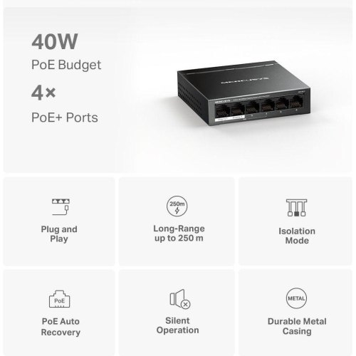 Комутатор Mercusys MS106LP, 6-портовий, 10/100 Мбіт/с (4 портів PoE+)