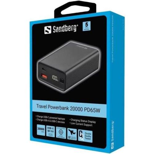 Зовнішній акумулятор Powerbank Sandberg 20000mAh, PD, 65W, Type-C PD, USB QC 3.0, кабель 100W 0.5m (420-95)