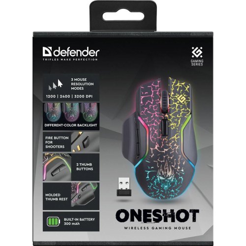 Мишка бездротова, ігрова Defender Oneshot GM-067, LED, 3200 dpi, чорна (52067)