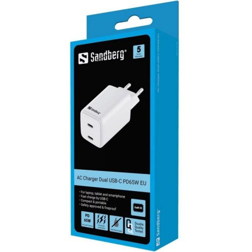 Зарядний пристрій Sandberg , 2x USB-C 65W Gan III, білий (441-56)