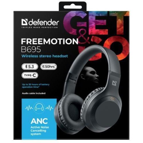 Навушники бездротові з мікрофоном Defender FreeMotion B695 Bluetooth, ANC, чорні  (63695)