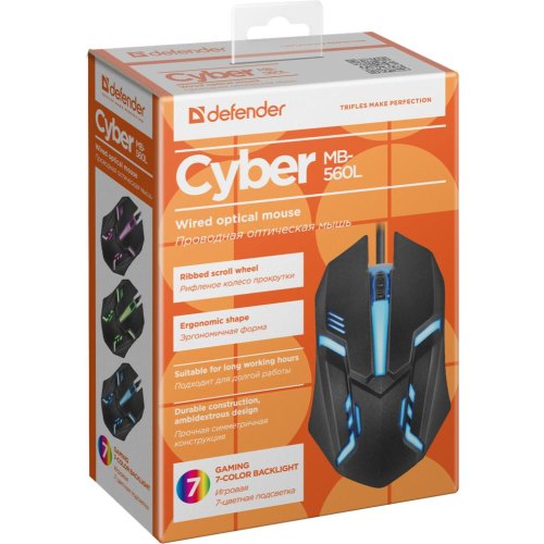 Мишка дротова Defender Cyber MB-560L, 1200 dpi, підсвітка 7 кольорів, чорна (52560)