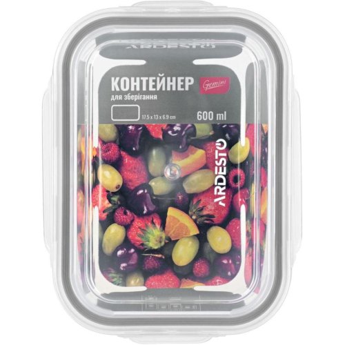 Контейнер для зберігання Ardesto Gemini AR1260RC, 600мл, прямокутний, боросилікатне скло