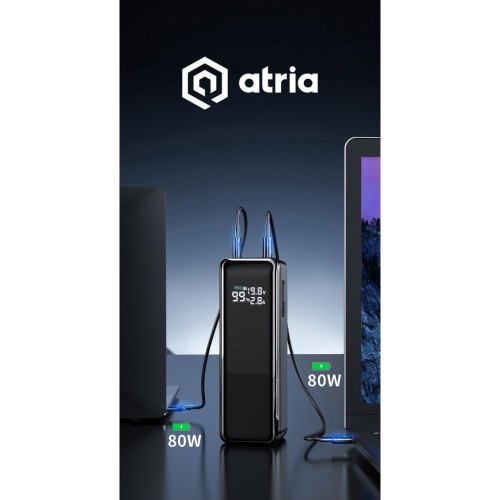 Зовнішній акумулятор Powerbank Atria WPD-160S 30000mAh, 160W, USB-C laptop/phone