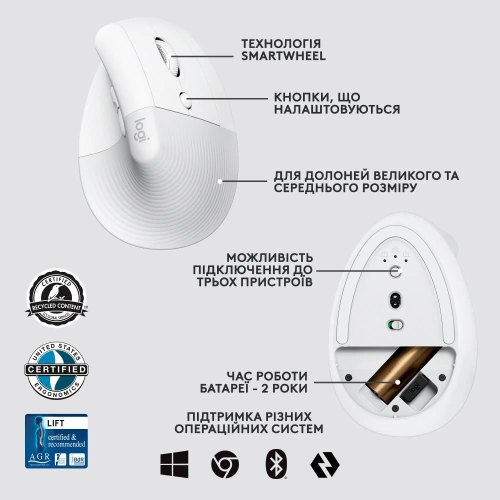 Миша бездротова Logitech Lift Bluetooth Vertical Ergonomic White (910-006496)