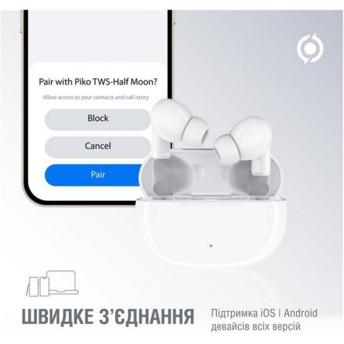 Навушники бездротові TWS Piko TWS-HalfMoon White (1283126583391)