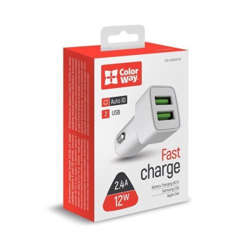 Автомобільний зарядний пристрій ColorWay CW-CHA009-WT, AutoID, білий