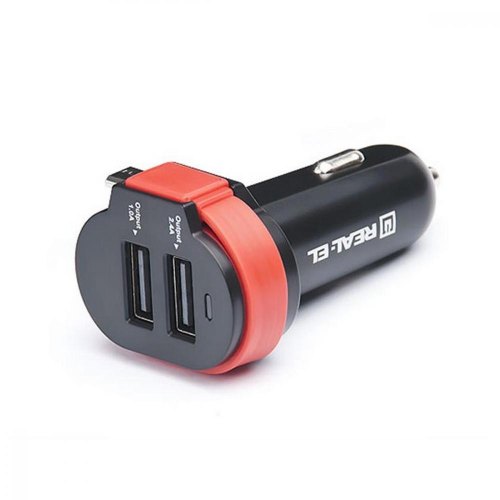 Автомобільний зарядний пристрій REAL-EL CA-35, 3xUSB, кабель microUSB, Black/Orange (EL123160012)