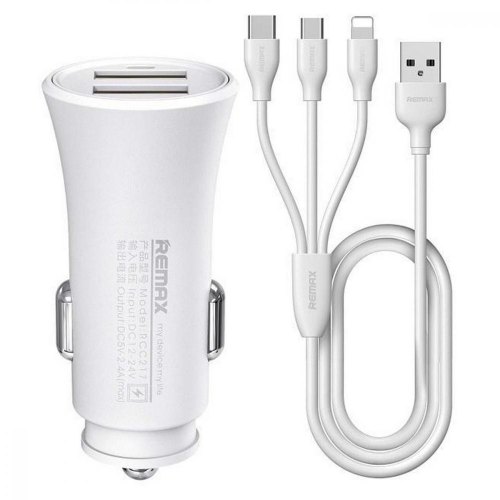 Автомобільний зарядний пристрій Remax, 2xUSB, кабель Lightning/microUSB/Type-C, білий (6954851288206)