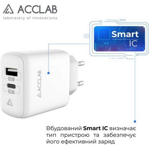 Мережевий зарядний пристрій AccLab AL-TC220, 1xUSB, 1xUSB Type-C, White (1283126556494)