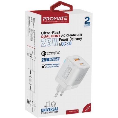 Мережевий зарядний пристрій Promate PowerPort-25AC White