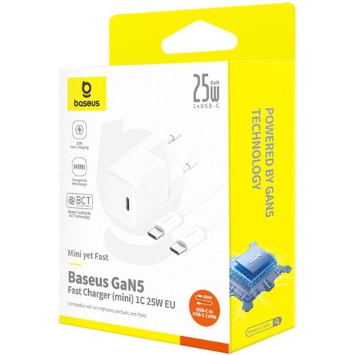 МЗП Baseus GaN5 Mini Fast Charger Type-C 25W + cable Type-C to Type-C 100W 1m, White
