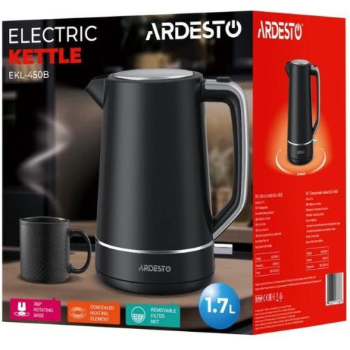 Електрочайник Ardesto EKL-450B, 1.7л, Otter, пластик, чорний матовий