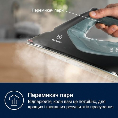 Праска Electrolux E8SI2-6OG, 2600Вт, 370мл, паровий удар 240гр, алюмінієва підошва, електронне керування, зелено-чорна