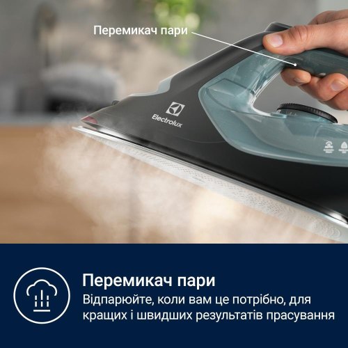 Праска Electrolux E7SI2-6OG, 2600Вт, 370мл, паровий удар 230гр, алюмінієва підошва, зелено-чорна